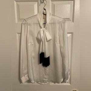 Stylish Michael Kors White Blouse With Black Fringe Trim Size M